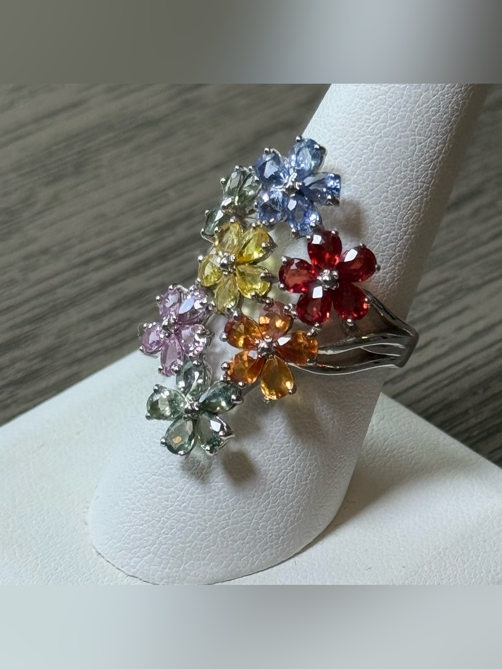 Sterling Silver Multicolor Flower Cluster Ring